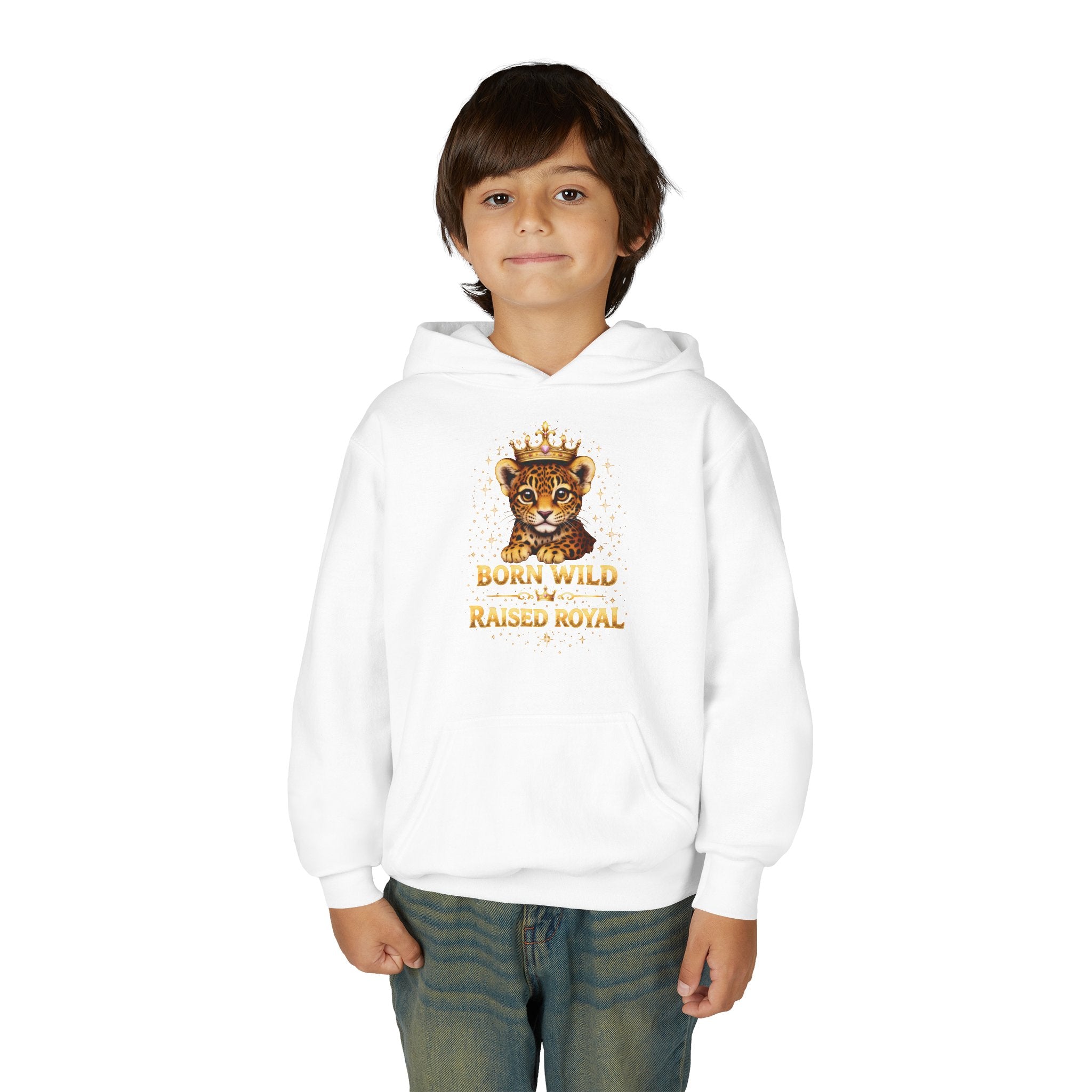 Youth Hoodie — 'Born Wild Raised Royal' Crowned Jaguar Graphic