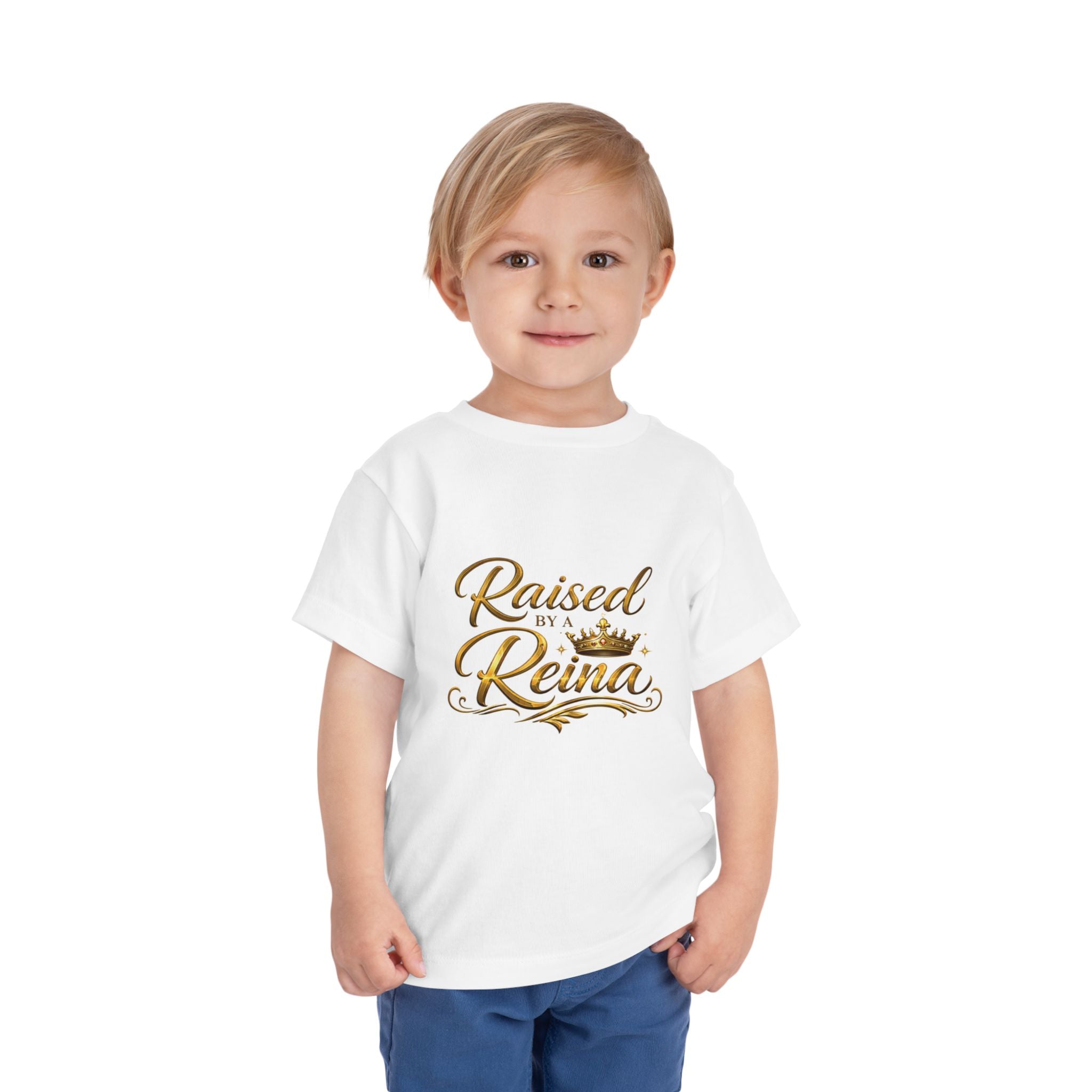 Raised by a Reina Toddler Tee — Gold Crown Princess Shirt for Little Girls
