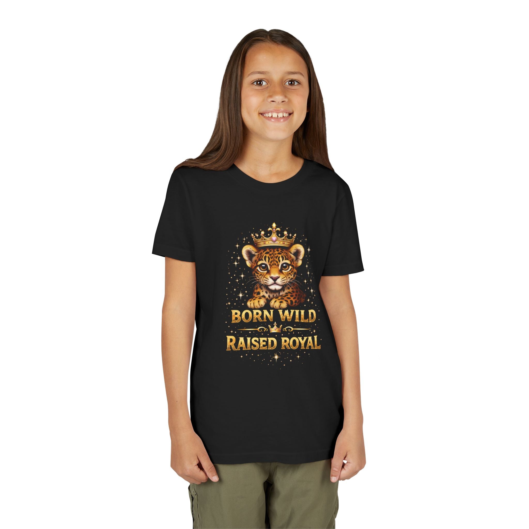 Youth Tee — "Born Wild Raised Royal" Crowned Jaguar Cub Kids T-Shirt