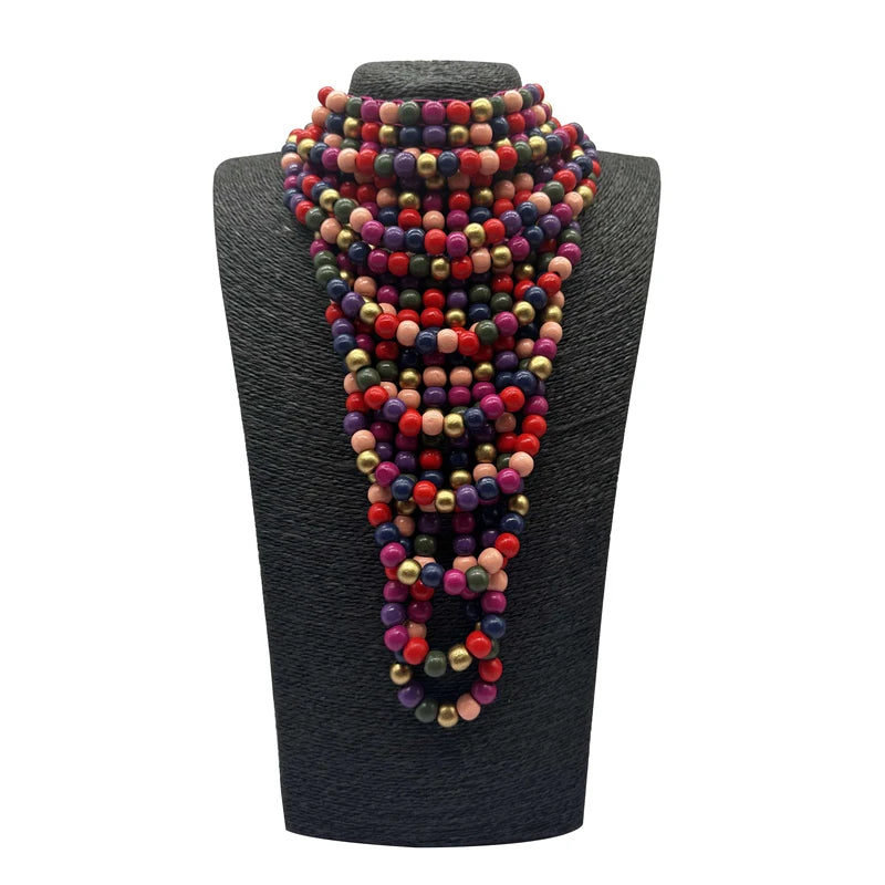 Layered Wood Tassel Statement Necklace