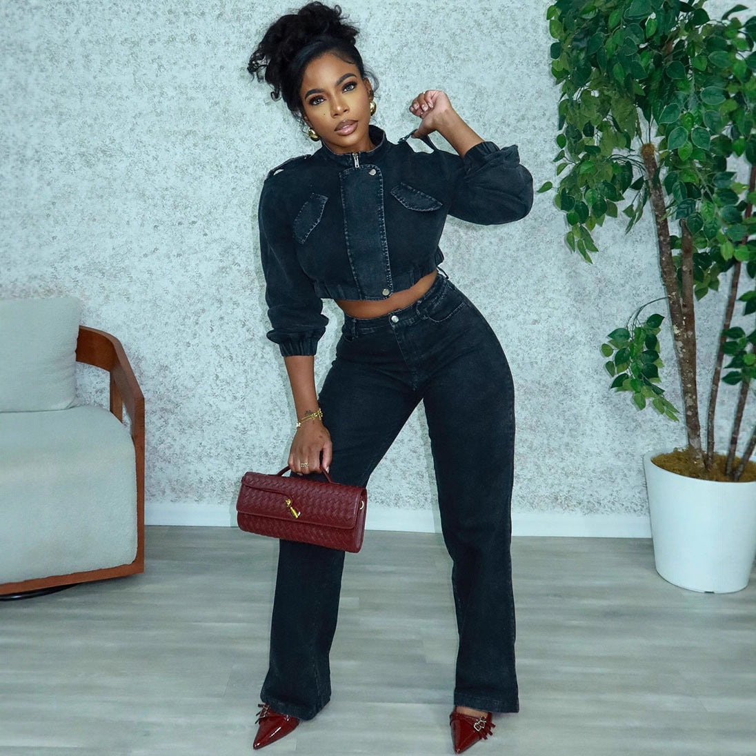Black Cropped Denim Jacket & High-Waist Pants Set