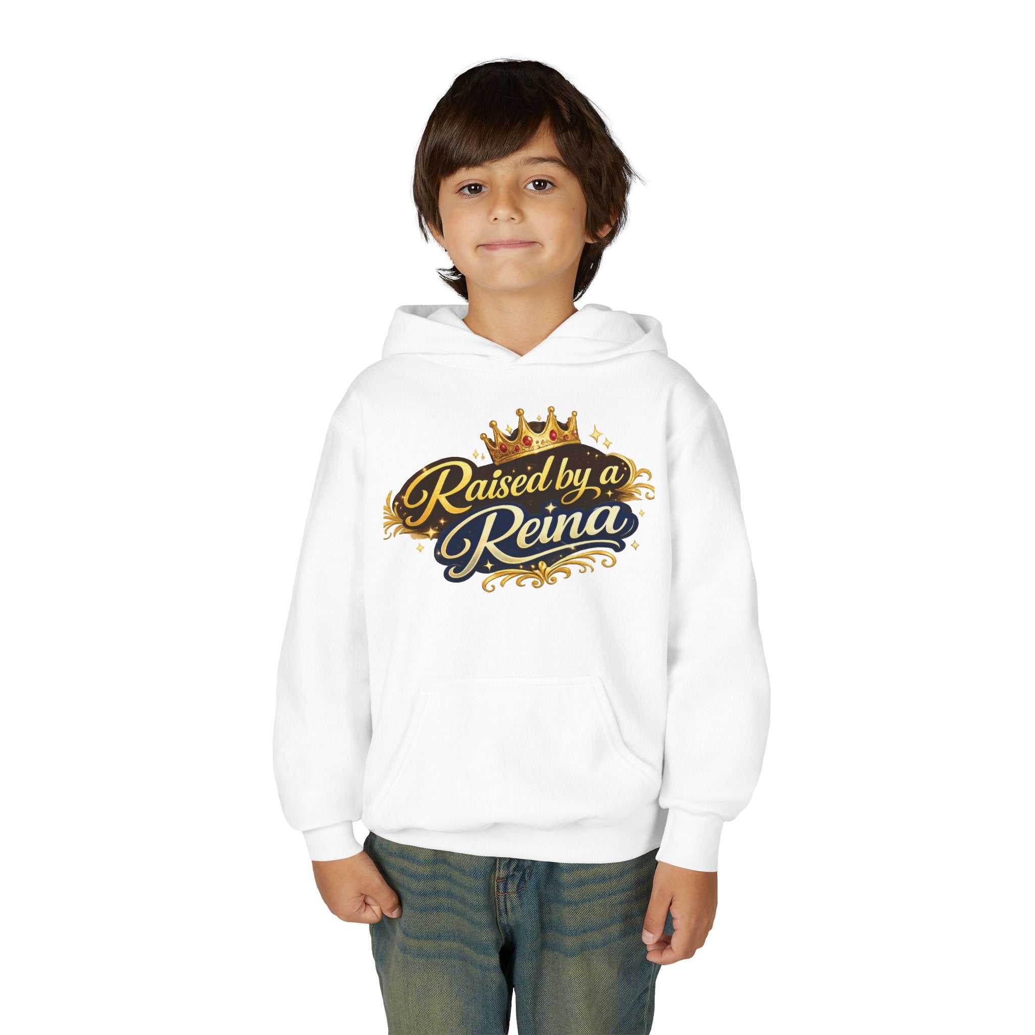 Youth Hoodie — "Raised by a Reina" Crowned Royalty Sweatshirt