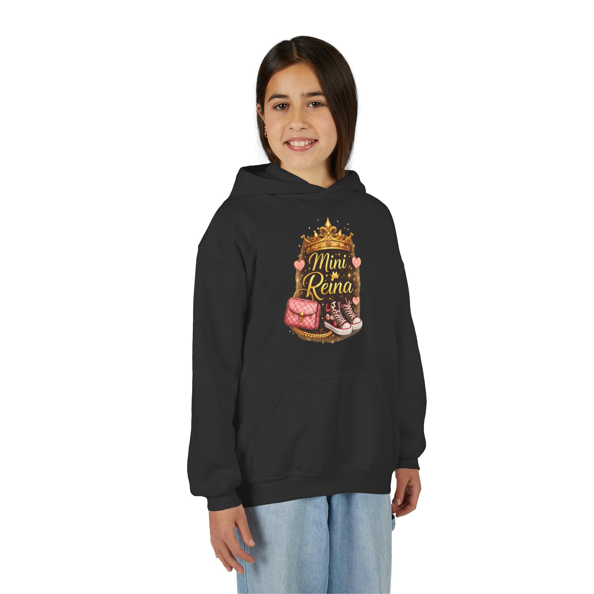 Youth Hoodie — "Mini Reina" Crown & Sneakers Graphic