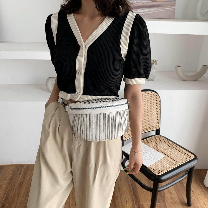 New Cross Body Rivet Casual Shoulder Bag Fashion Korean Wide Shoulder Strap Chest Bag Tassel Women's Bag