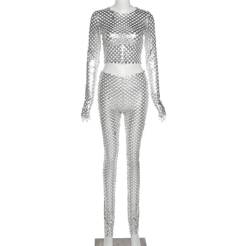 Metallic Mesh Two-Piece Pants Set
