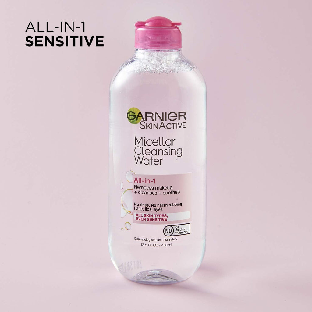 Garnier Micellar Cleansing Water, All-in-1 Makeup Remover and Facial Cleanser, For All Skin Types, 3.4 Fl Oz (100mL), 1 Count (Packaging May Vary)