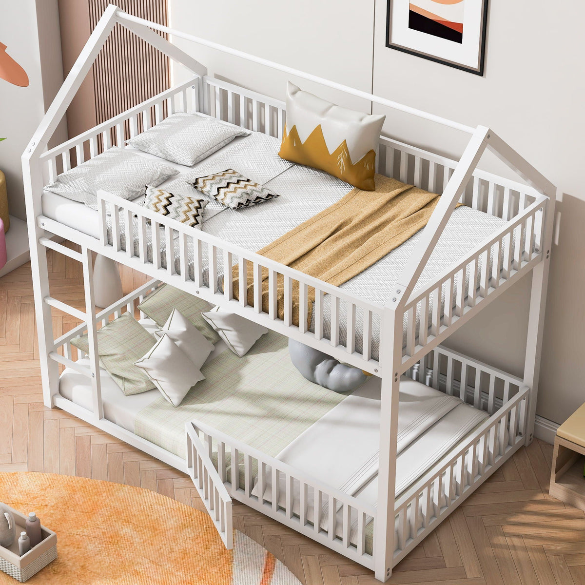 Metal House Bunk Bed with Fence and Door - Twin over Twin