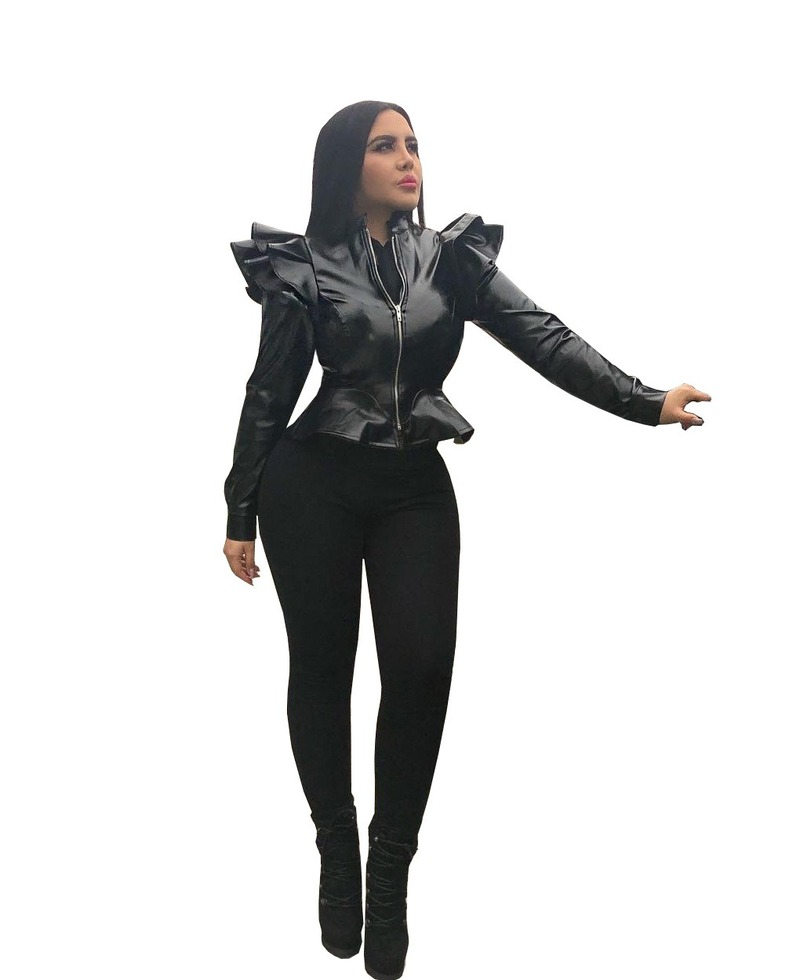 Queen Energy Vegan Leather Casual Women's Ruffled Leather Jacket