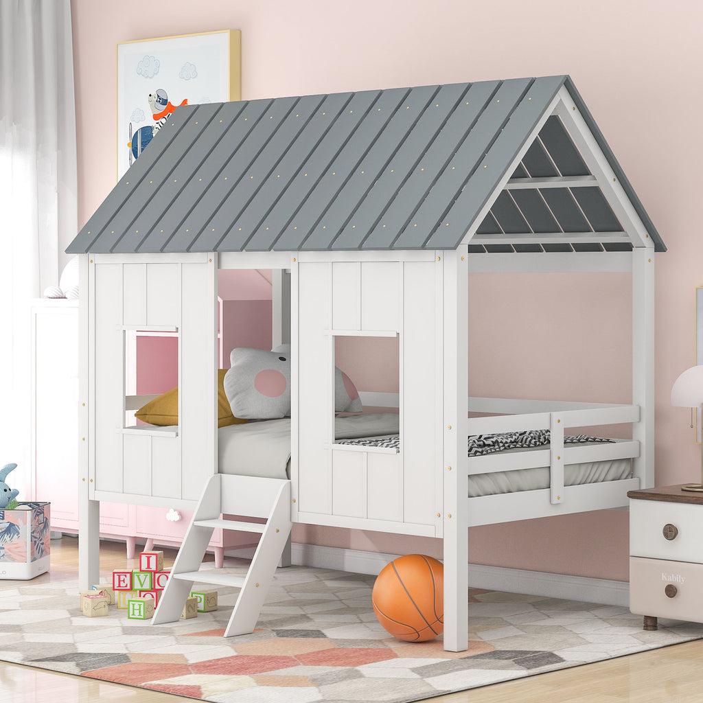 Twin Size Low Loft House Bed with Roof and 2 Front Windows - White