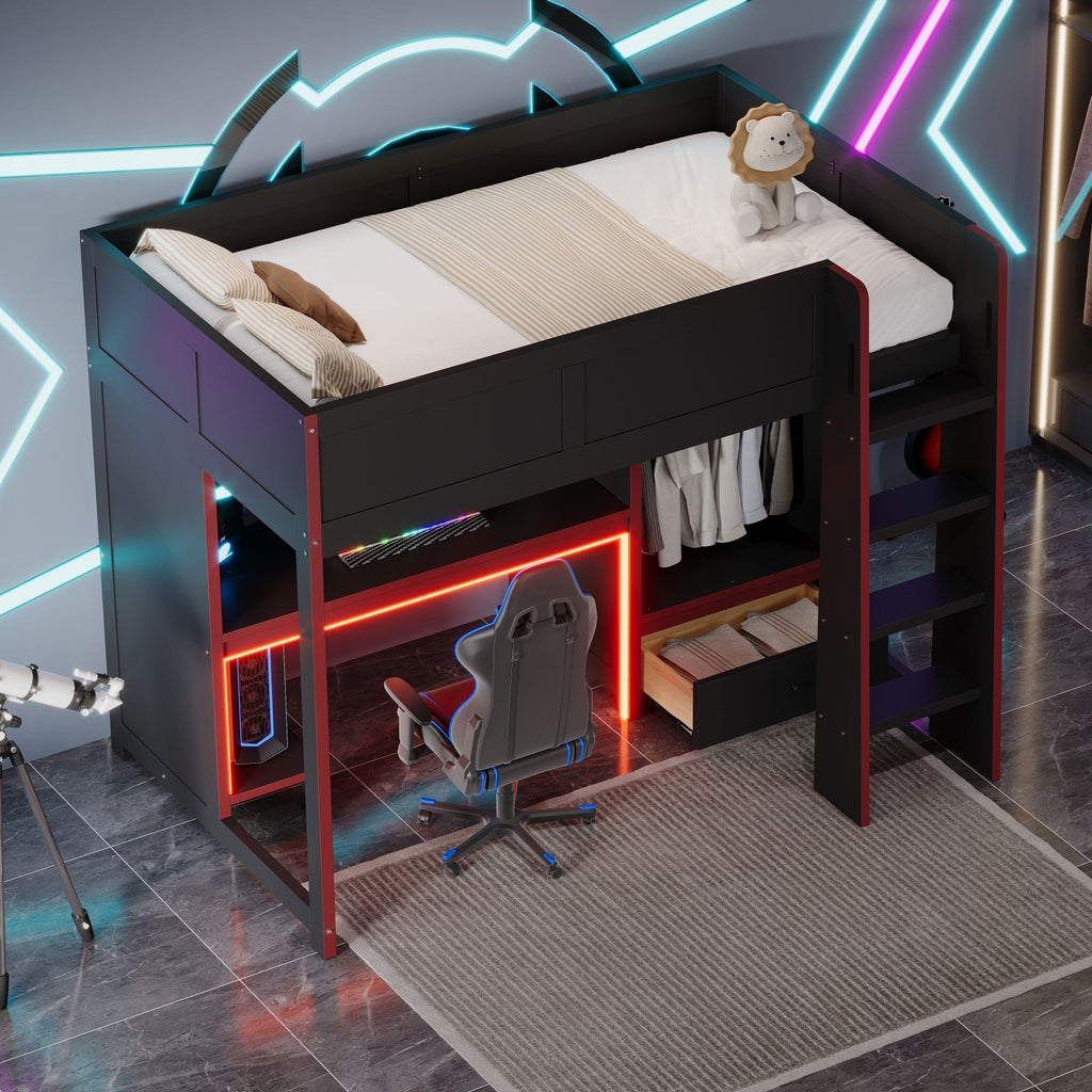 Gaming Loft Bed with Built-In Desk, Wardrobe & LED Lighting - Black