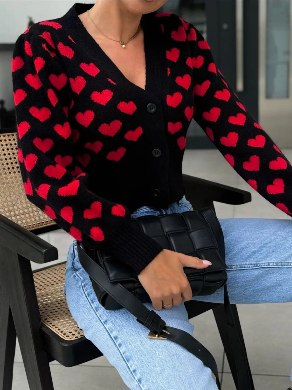 Heart V-Neck Cropped Cardigan