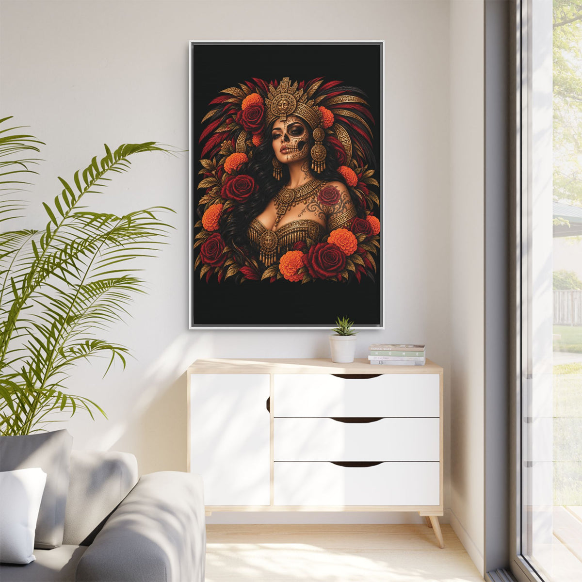 Reina Azteca: Entre Rosas y Cempasúchil | Framed Canvas Art