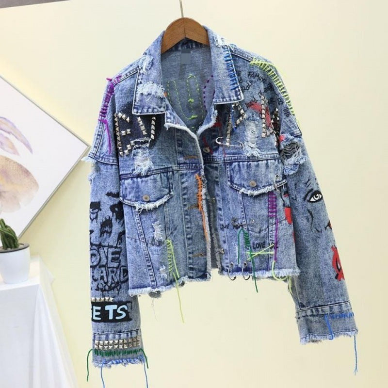 Trend Brand Graffiti Denim Short Jacket Female Personality Raw Edge Cut Heavy Rivet Top Color Tassel Clip