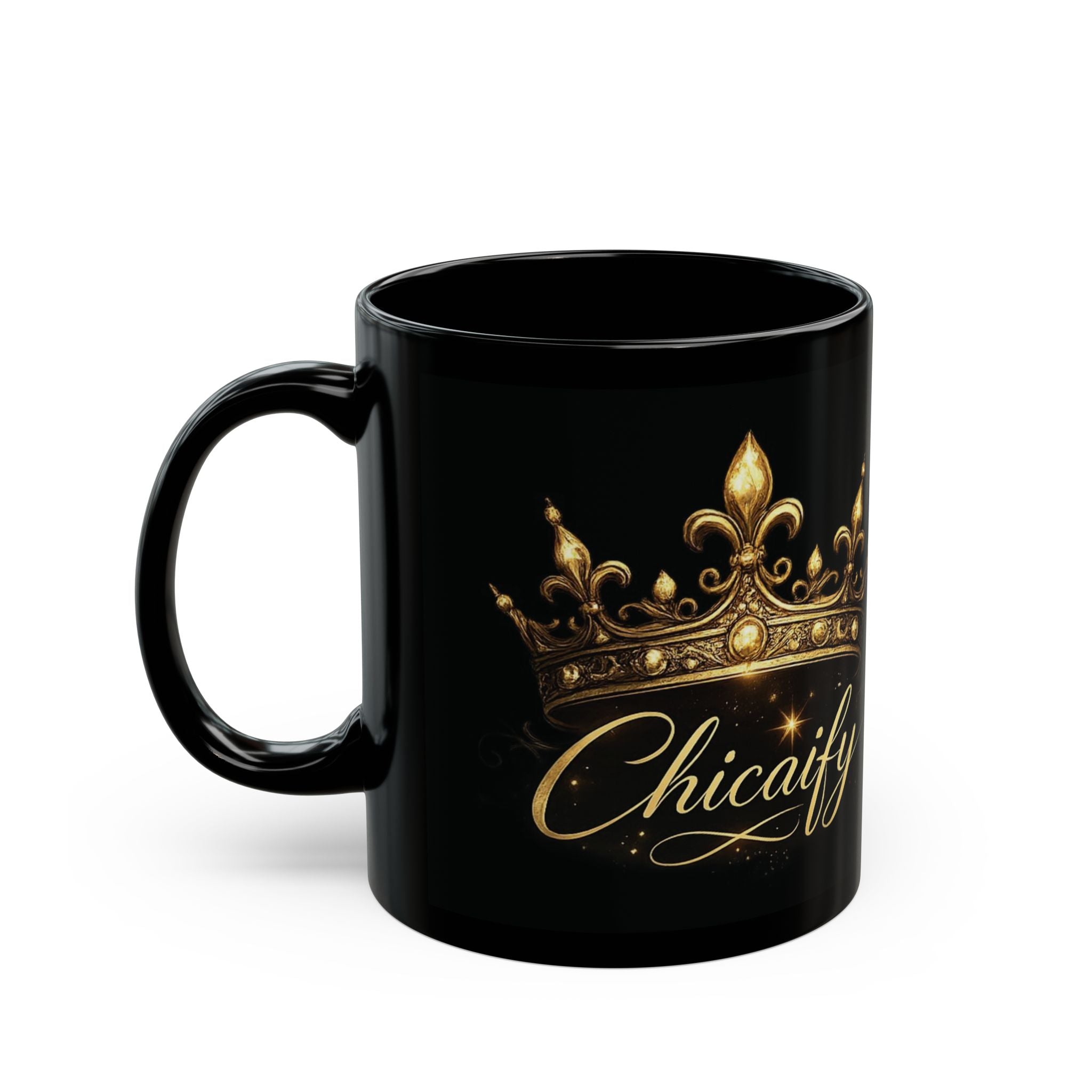 Chicafiy Gold Crown Black Mug — Elegant Coffee Cup for Queen Vibes