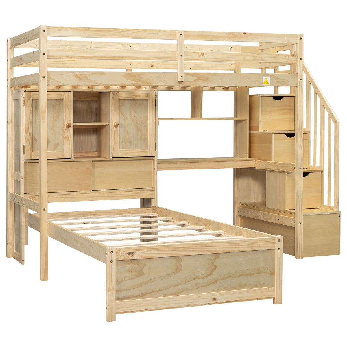 Twin Over Twin Loft Bed with Built-In Desk and Staircase - White or Light Brown