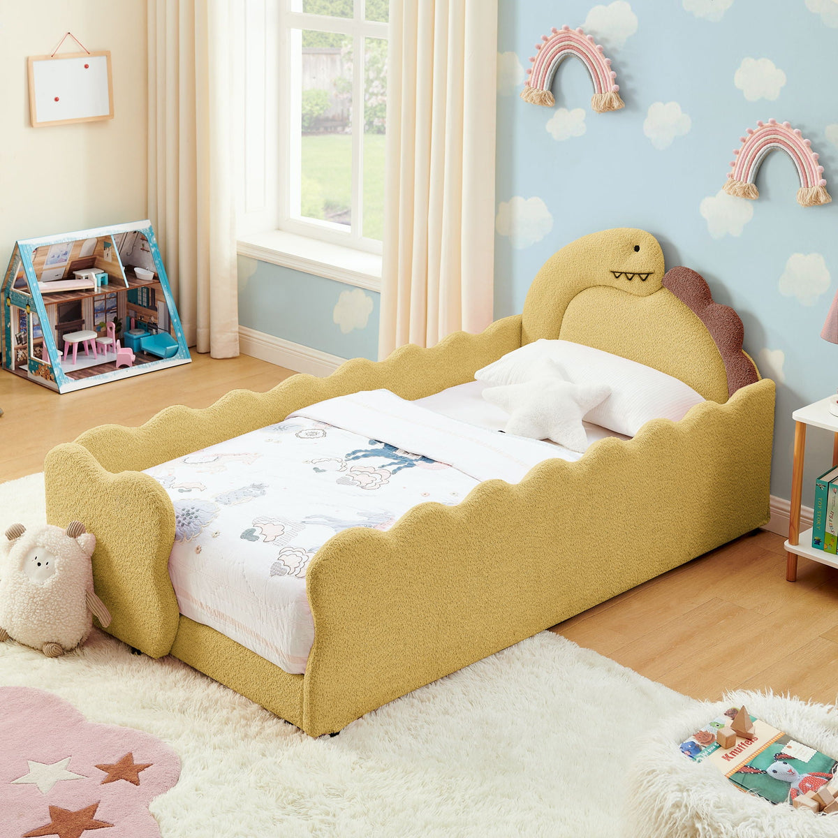 Dinosaur Shaped Toddler Bed with Safety Guardrail - Twin Upholstered Bed