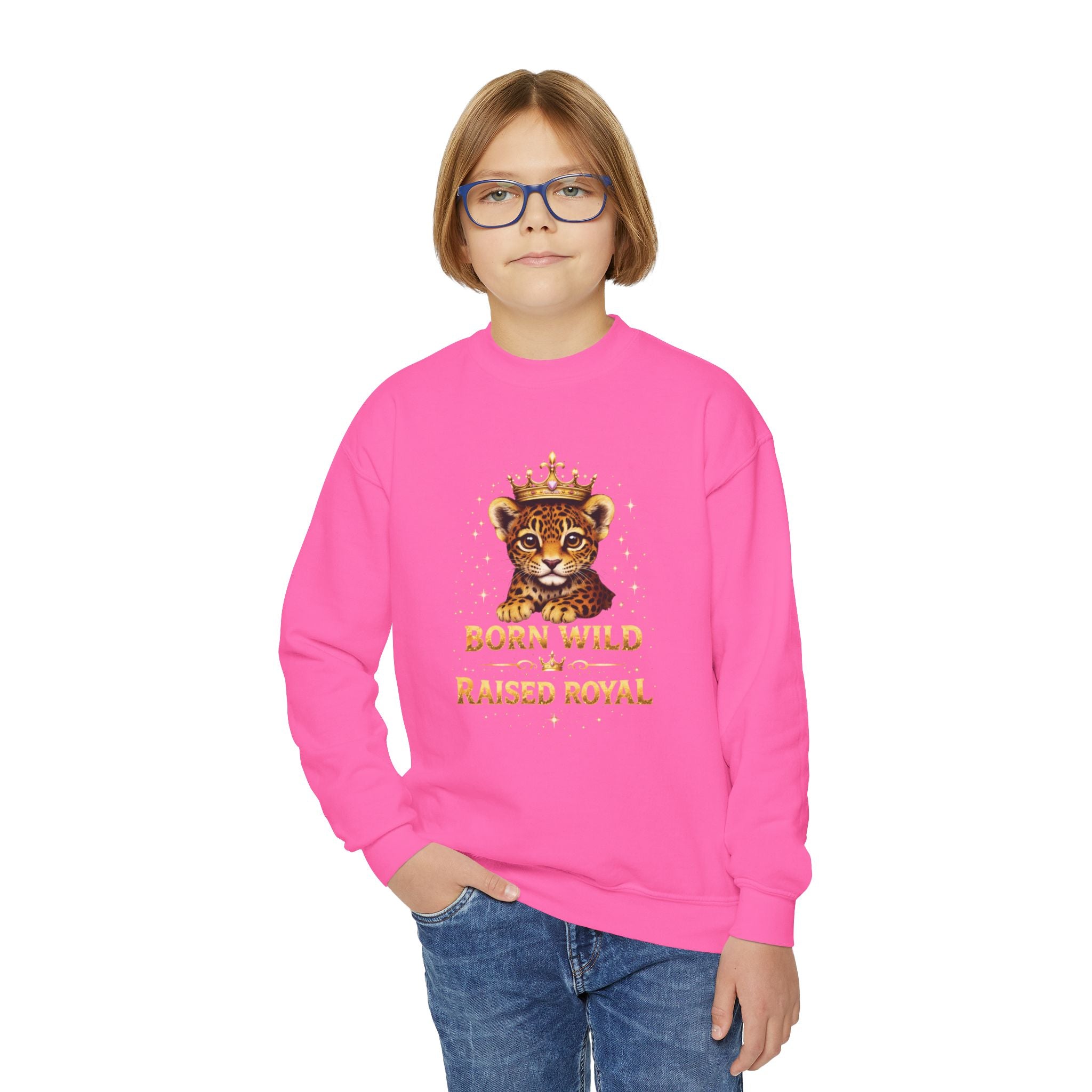 Youth Crewneck Sweatshirt — "Born Wild Raised Royal" Jaguar Cub Graphic