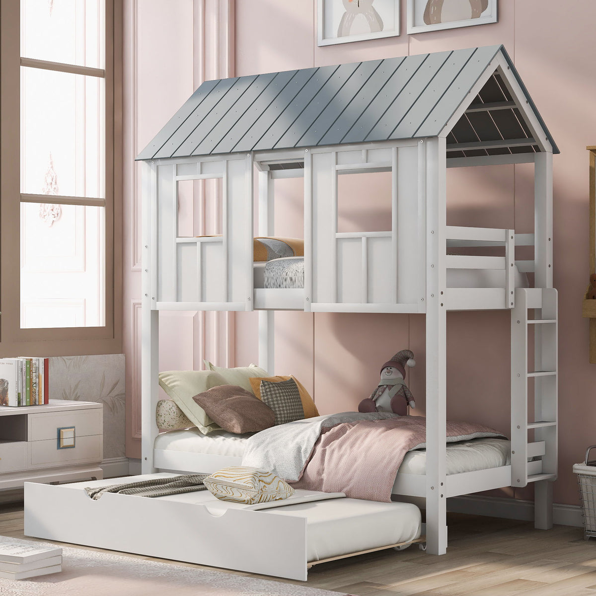 Twin Size House Bunk Bed with Trundle and Roof and Windows - White / Gray