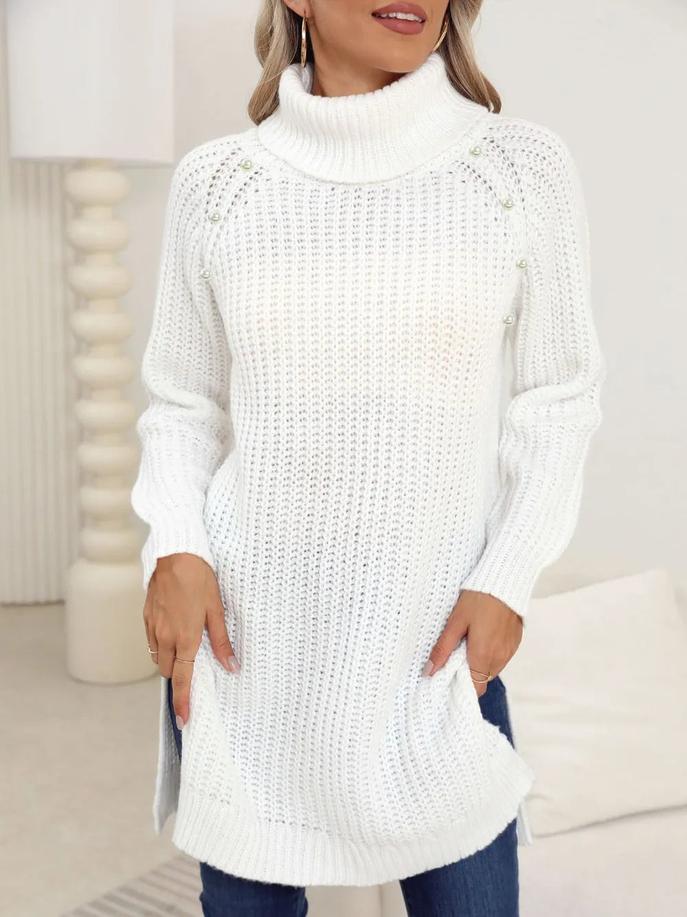 Slit Turtleneck Long-Sleeve Sweater
