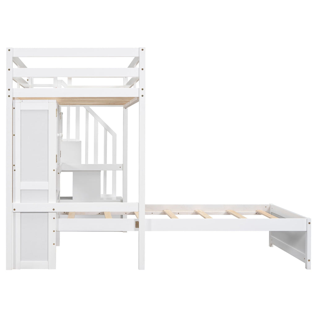 Twin Over Twin Loft Bed with Built-In Desk and Staircase - White or Light Brown