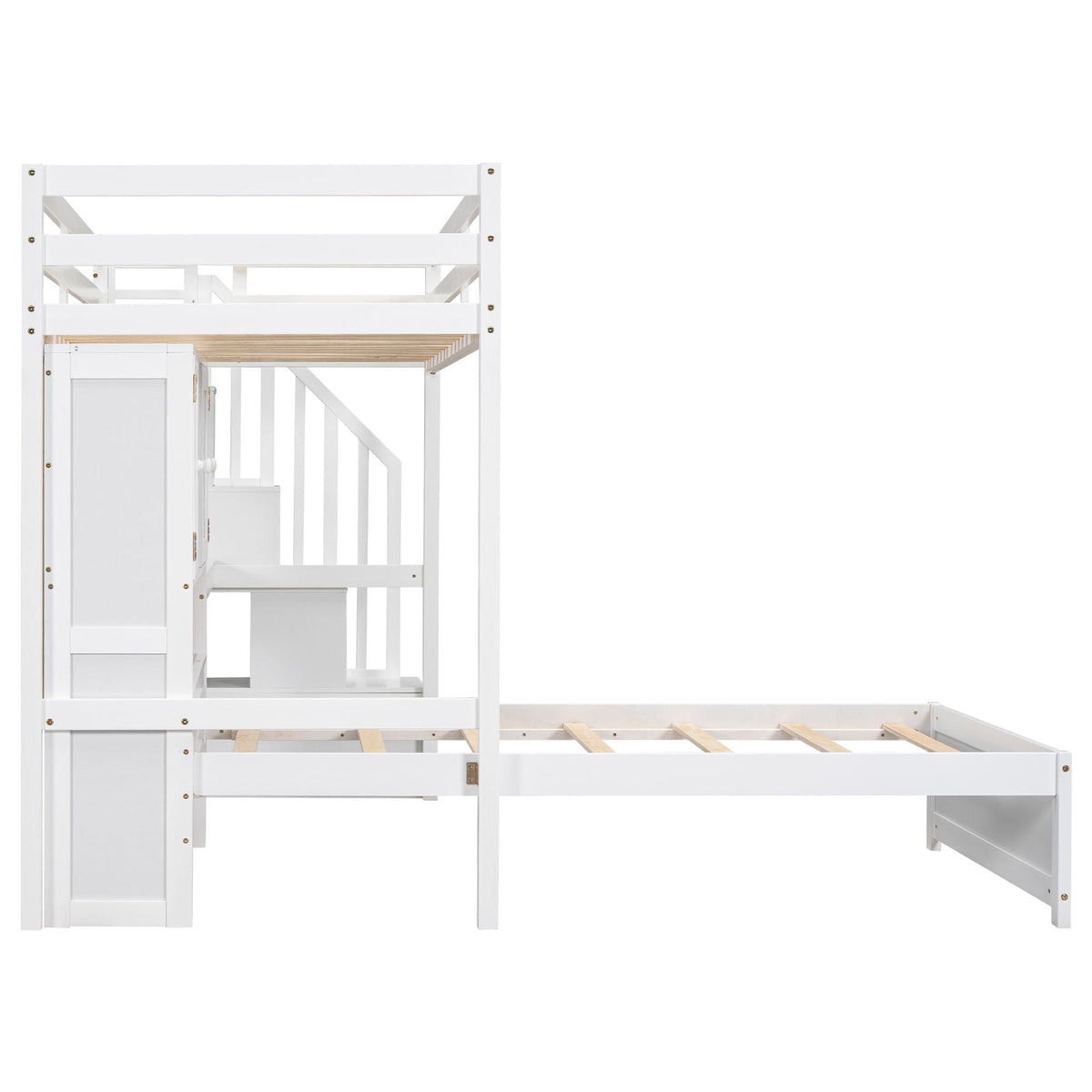 Twin Over Twin Loft Bed with Built-In Desk and Staircase - White or Light Brown