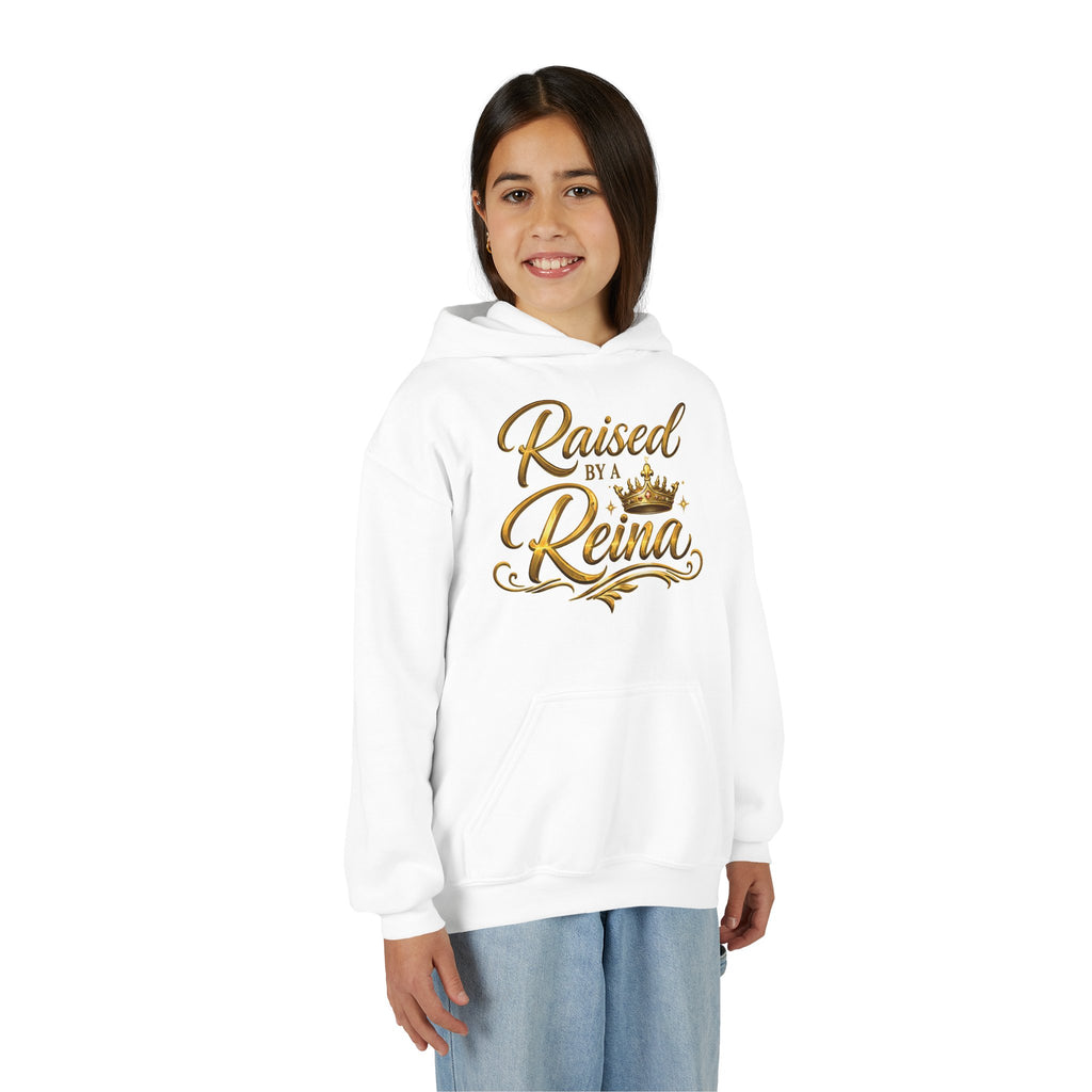 Youth Hoodie — "Raised by a Reina" Gold Script Kids Sweatshirt