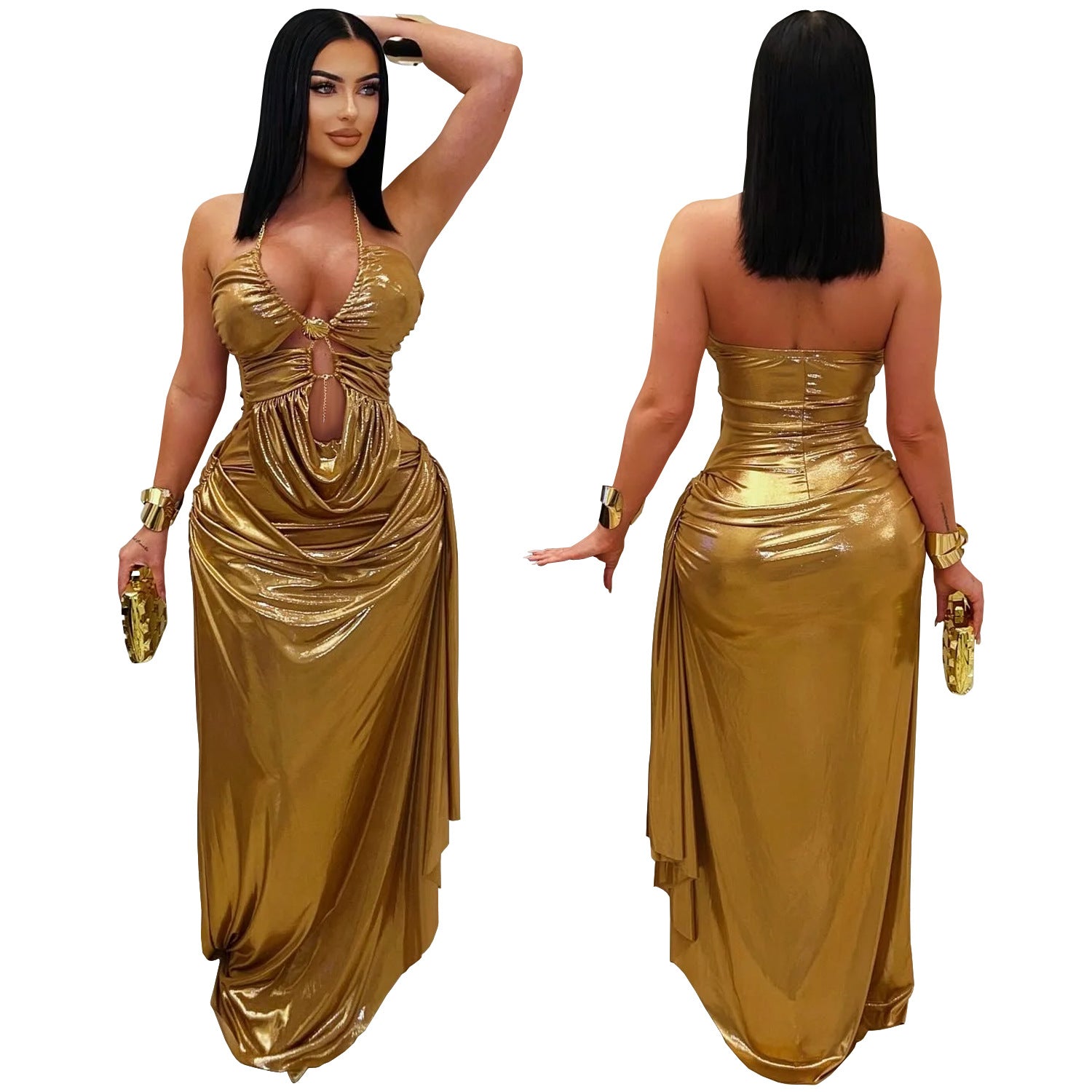 Fashionable Women's Sexy Halter Neck Gold Chain Pleated Sleeveless Dress