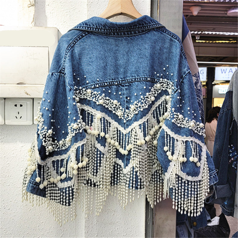 Korean Heavy Pearl Tassel Loose All-Match Personalized Short Denim Jacket Women Jean Jacket Outerwear Spring New Clothes