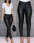 Dressy High-Waisted Skinny PU Leather Pants for Women Solid Color Casual Long Pants Slim Fit Sexy Style