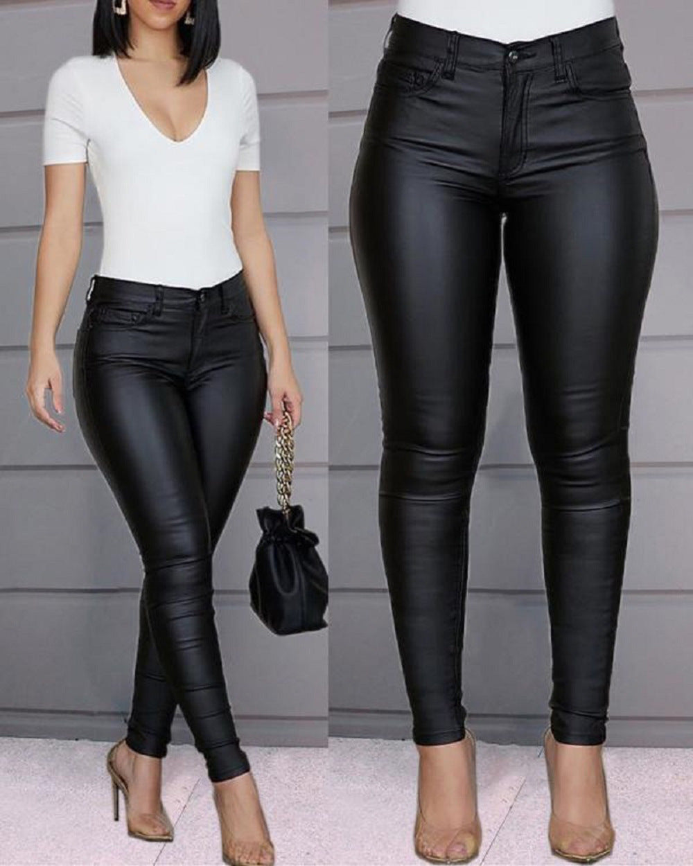 Dressy High-Waisted Skinny PU Leather Pants for Women Solid Color Casual Long Pants Slim Fit Sexy Style