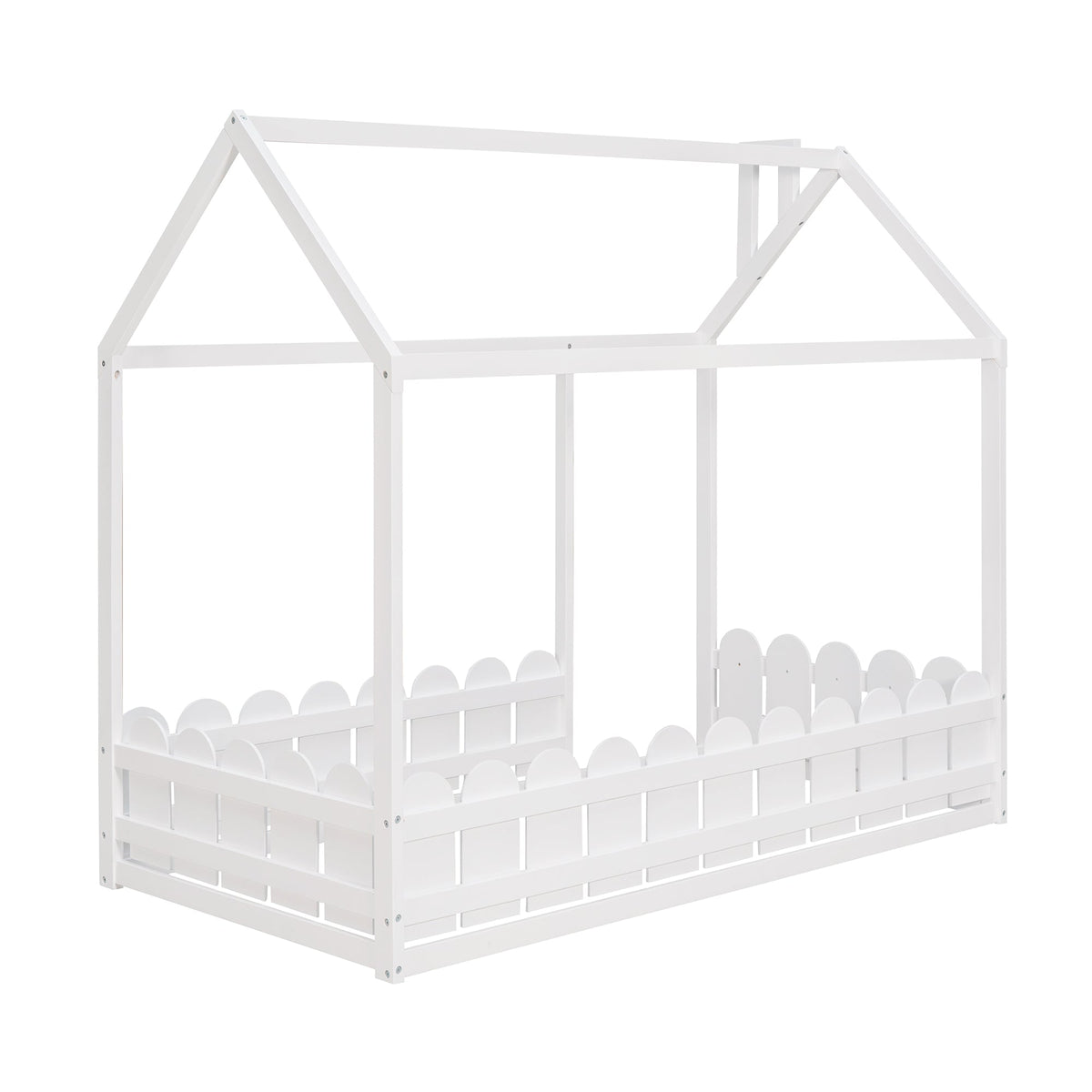 {Slats are not included}Twin Size Wood Bed House Bed Frame with Fence for KidsTeens Girls Boys {White}