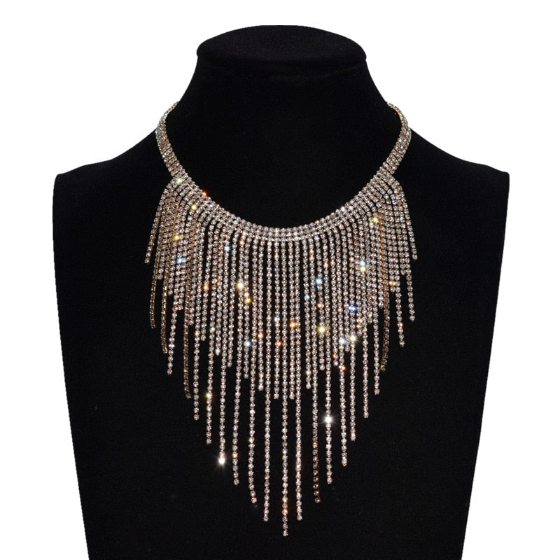 Rhinestone Tassel Statement Necklace