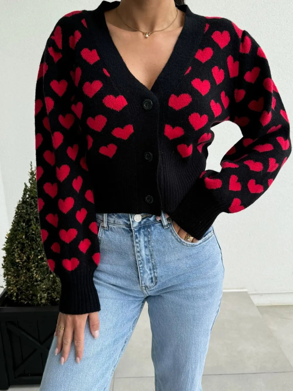 Heart V-Neck Cropped Cardigan