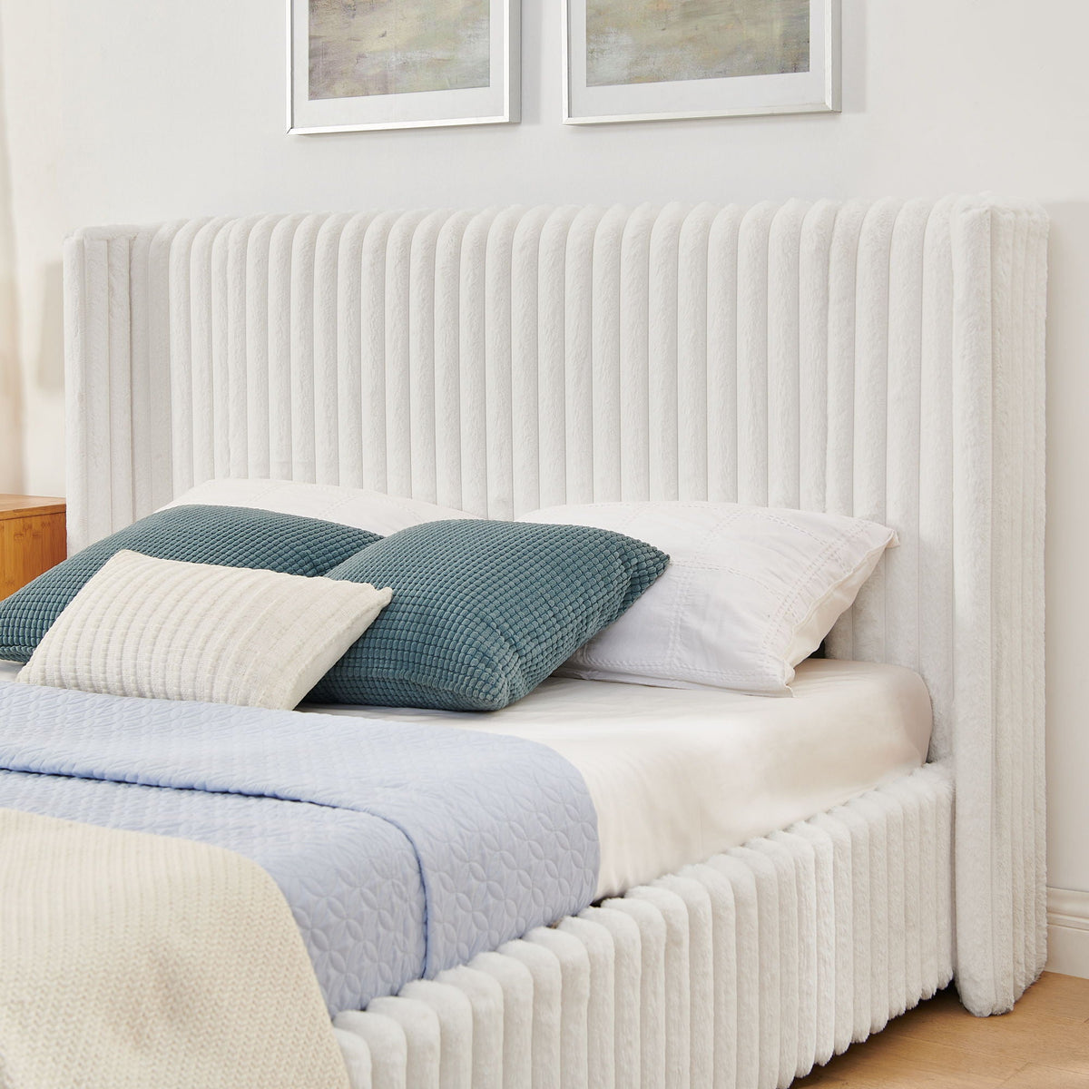 Functional Vertical Striped Bed with Gas Lift Storage - Beige