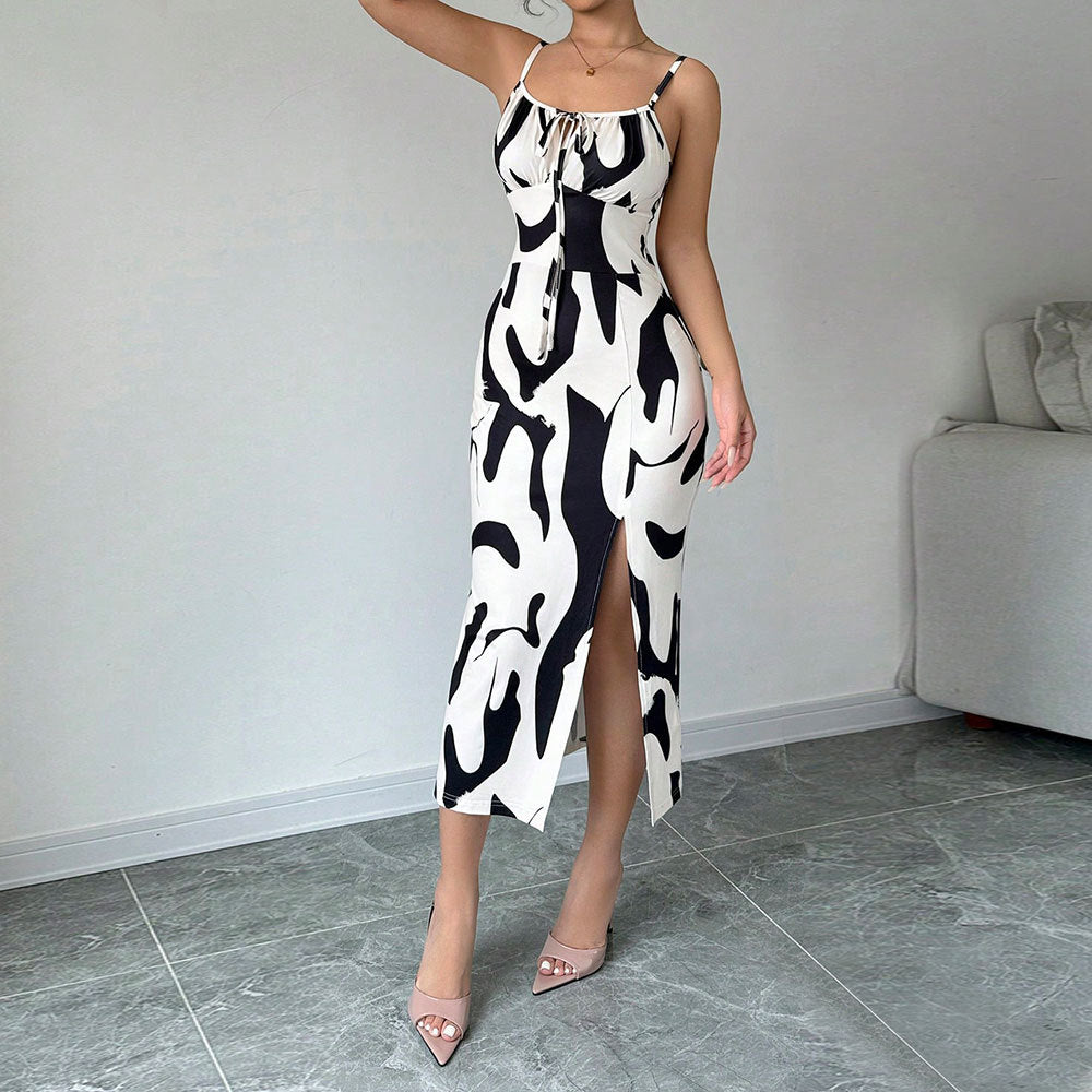 Intellectual style cow patterned dress with suspender and mid length skirt