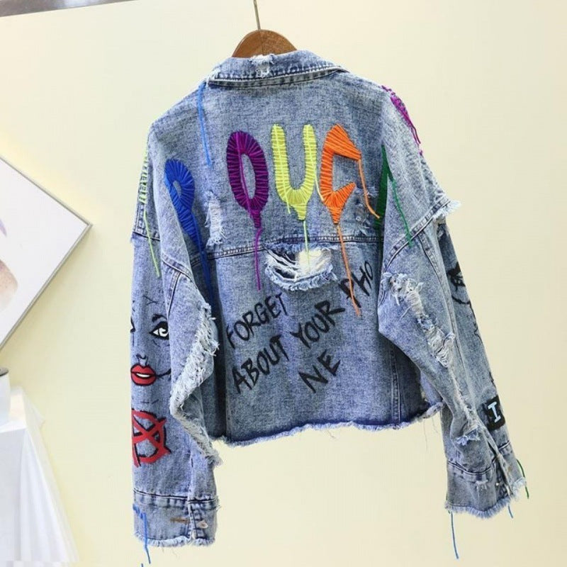 Trend Brand Graffiti Denim Short Jacket Female Personality Raw Edge Cut Heavy Rivet Top Color Tassel Clip
