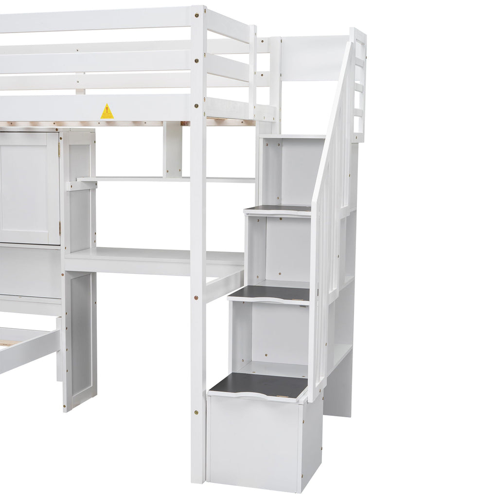 Twin Over Twin Loft Bed with Built-In Desk and Staircase - White or Light Brown