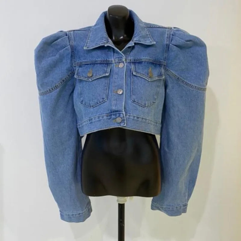 Spring Cardigan Lapel Bubble Sleeve Long Sleeved Single Breasted High Waist Short Denim Coat Women Retro Jean Jacket Shirts