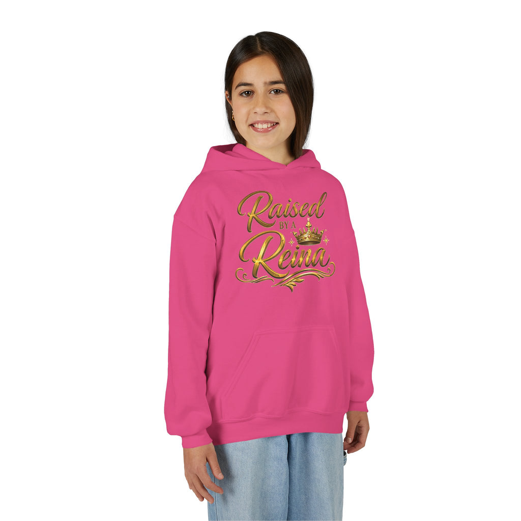 Youth Hoodie — "Raised by a Reina" Gold Script Kids Sweatshirt