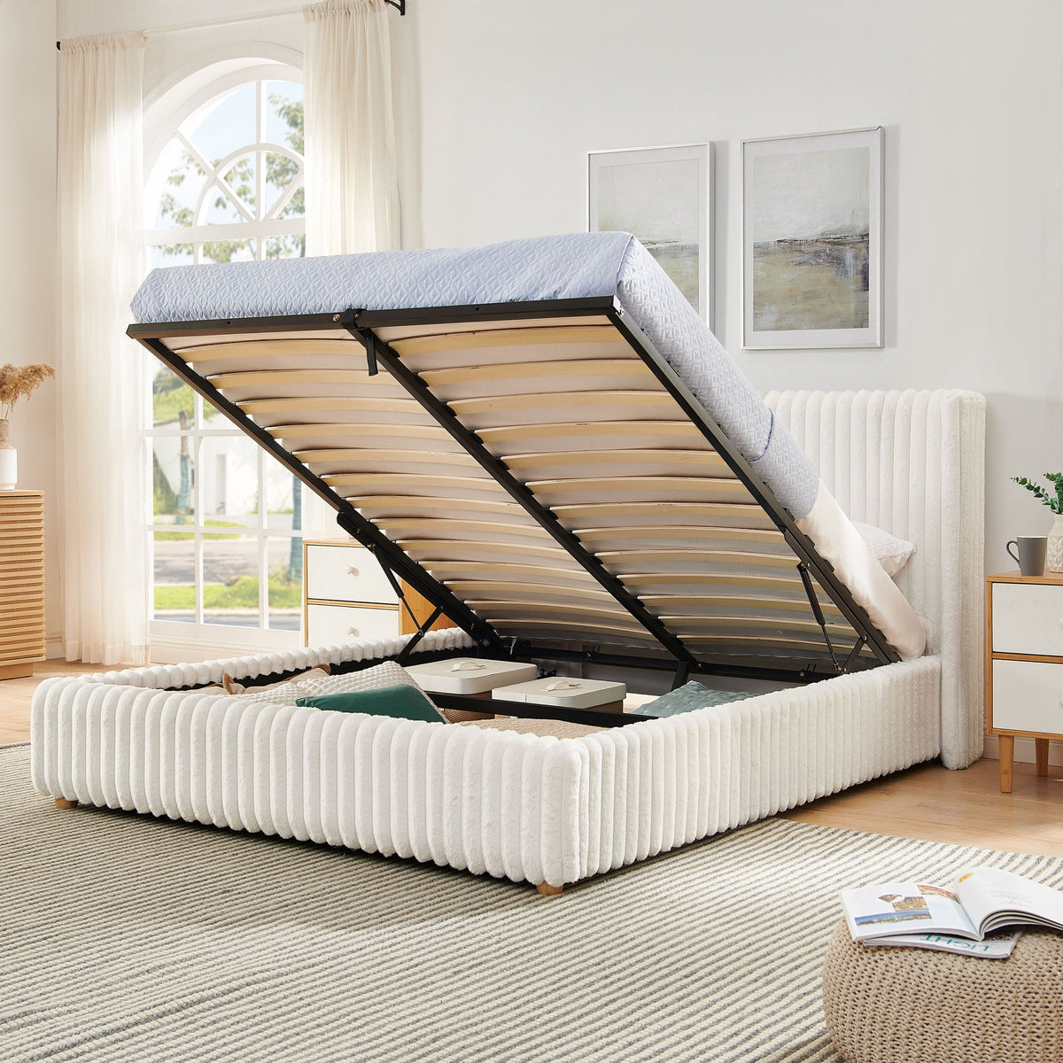 Functional Vertical Striped Bed with Gas Lift Storage - Beige