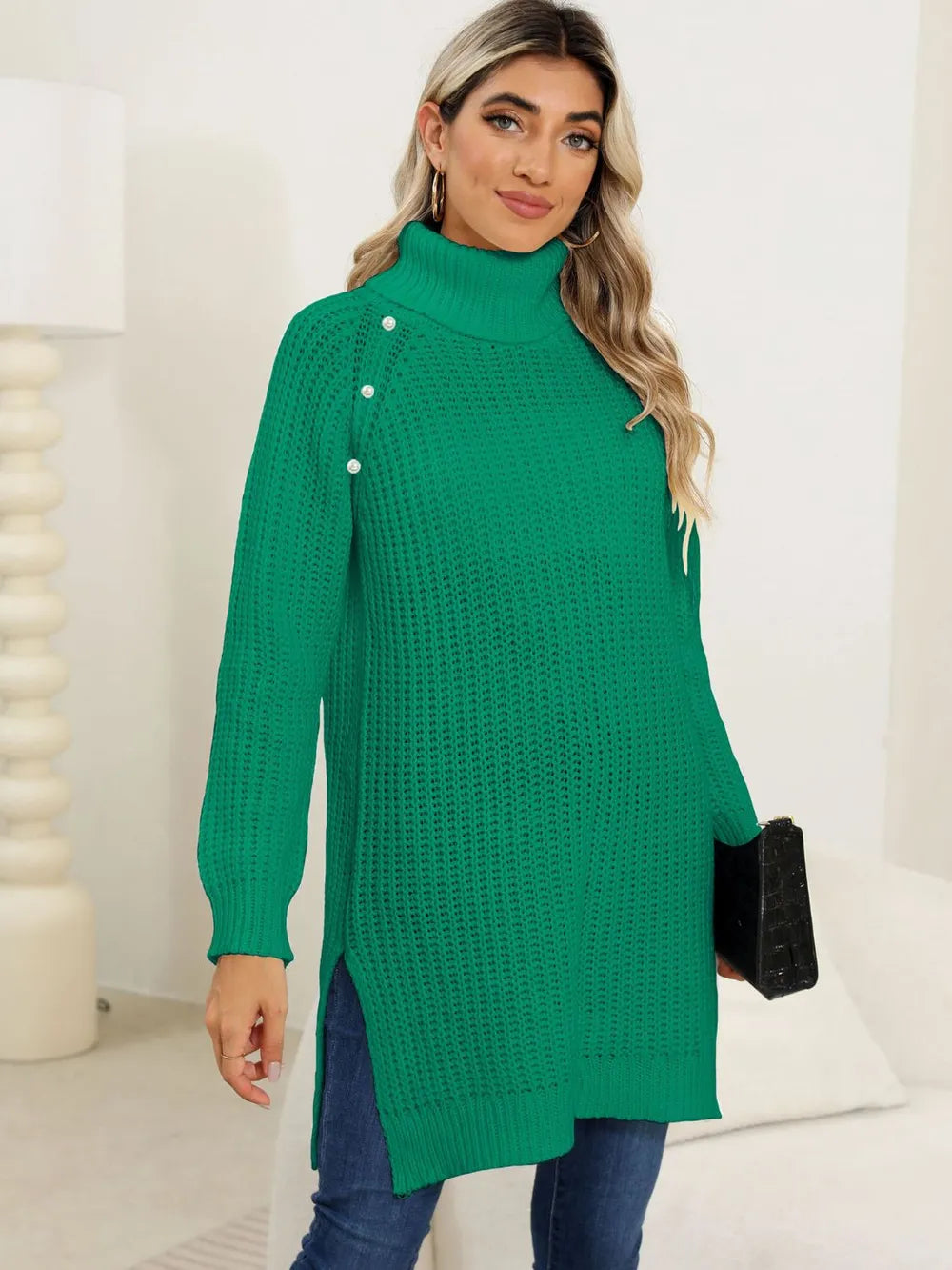 Slit Turtleneck Long-Sleeve Sweater
