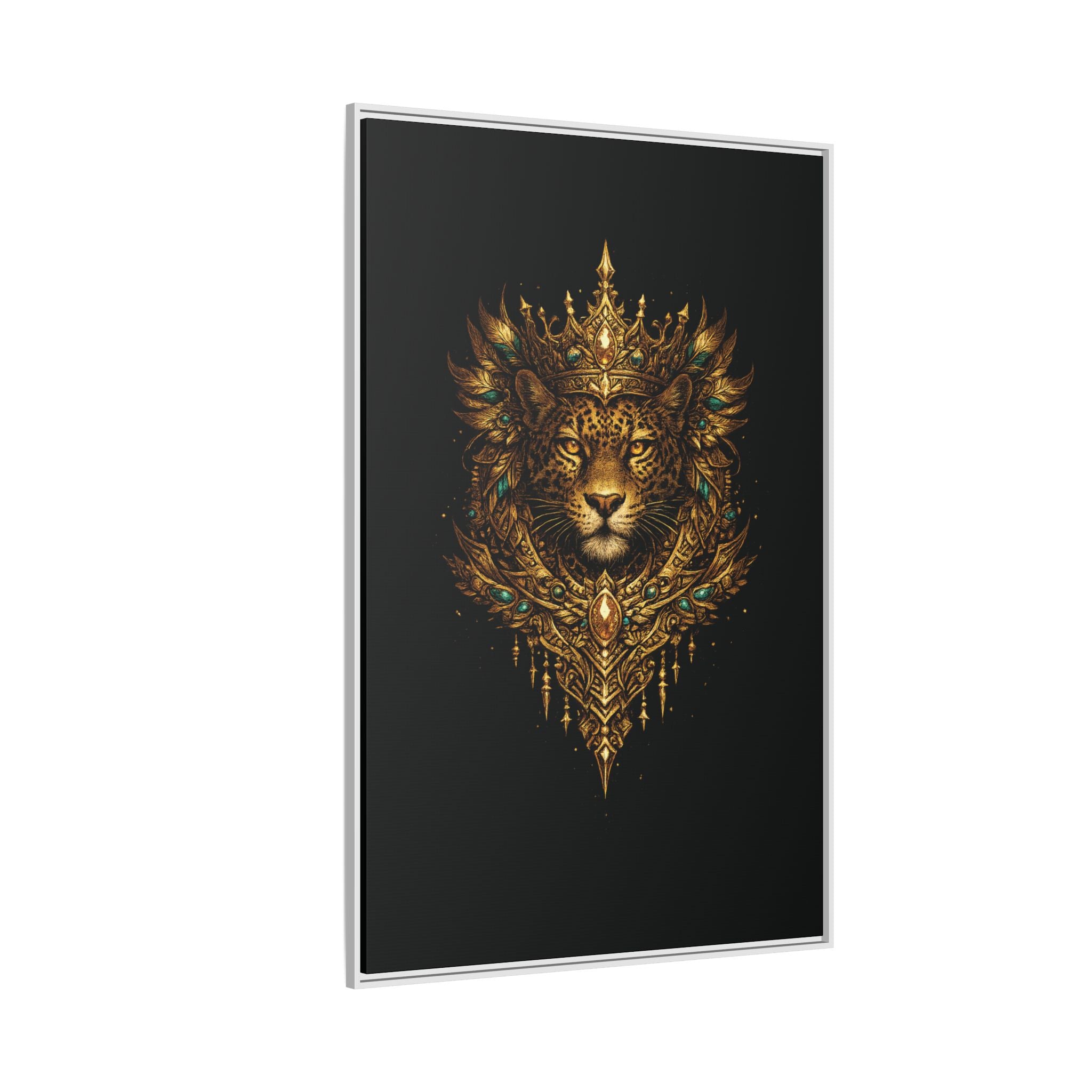 Golden Crowned Jaguar Canvas Art — Gold Crowned Lion Matte Framed Print
