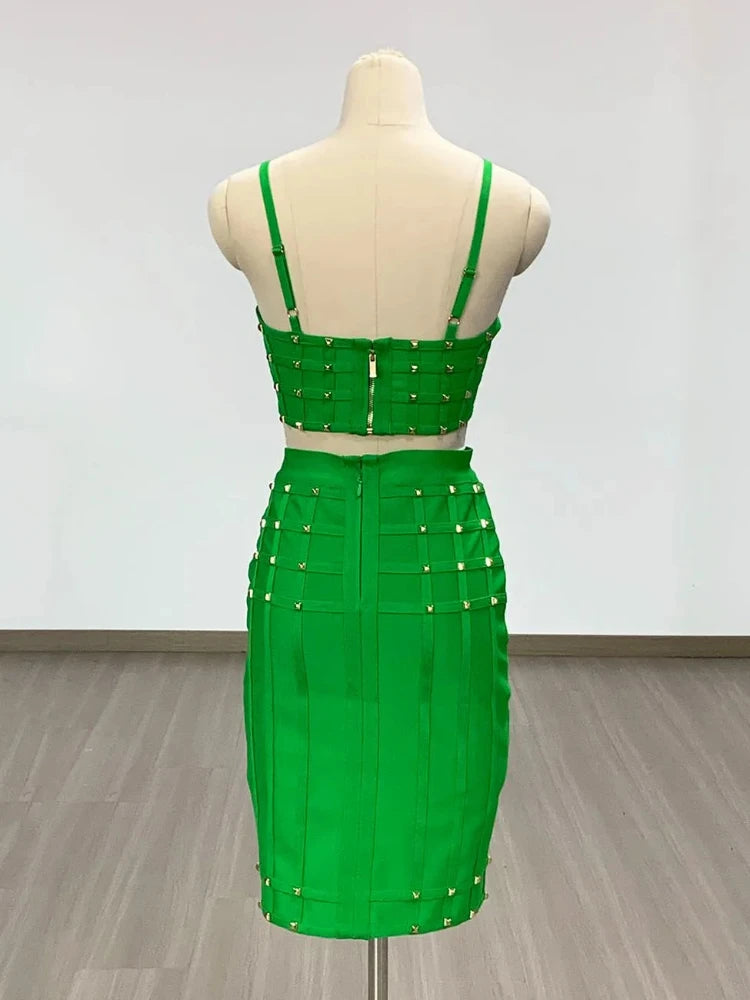Blue Rivet Bandage Skirt Set