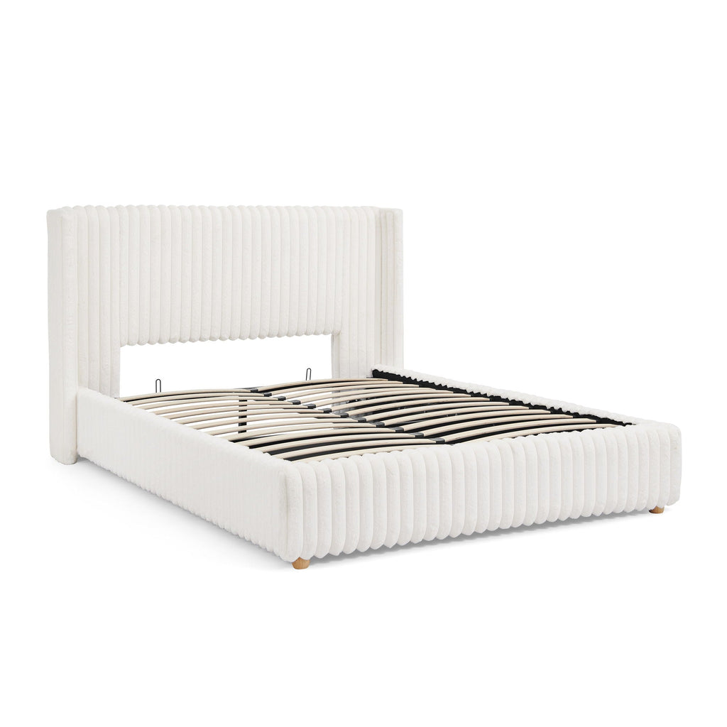 Functional Vertical Striped Bed with Gas Lift Storage - Beige