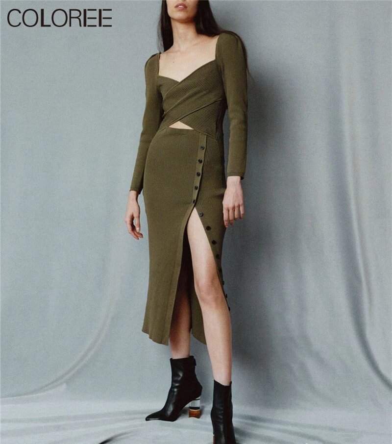Army Green Knit Midi Dress