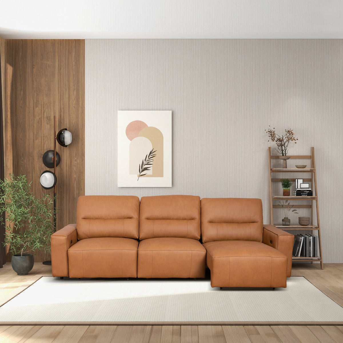 Triple Power Convertible Sofa Reclining Sectional with Queen Bed - Cognac