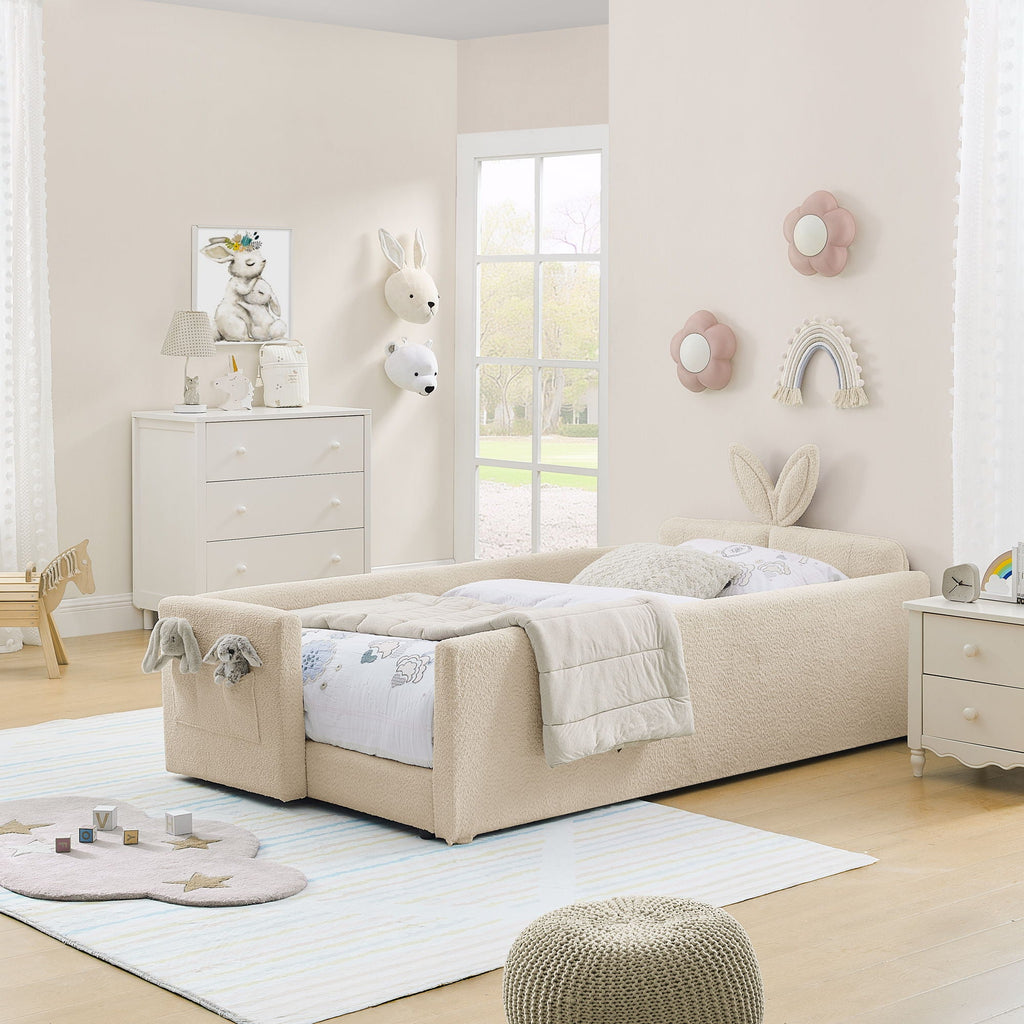 Cute Rabbit Ear Upholstered Platform Bed Frame with Safety Rail - Multiple Colors