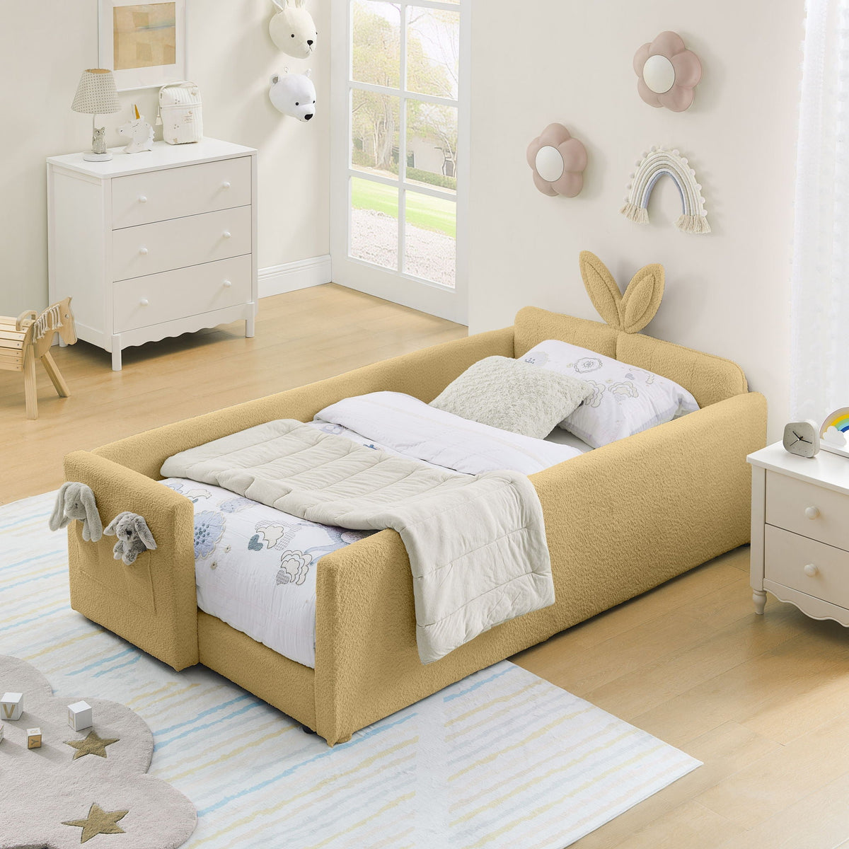 Cute Rabbit Ear Upholstered Platform Bed Frame with Safety Rail - Multiple Colors