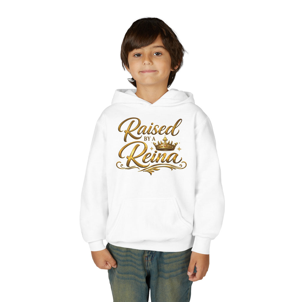 Youth Hoodie — "Raised by a Reina" Gold Script Kids Sweatshirt