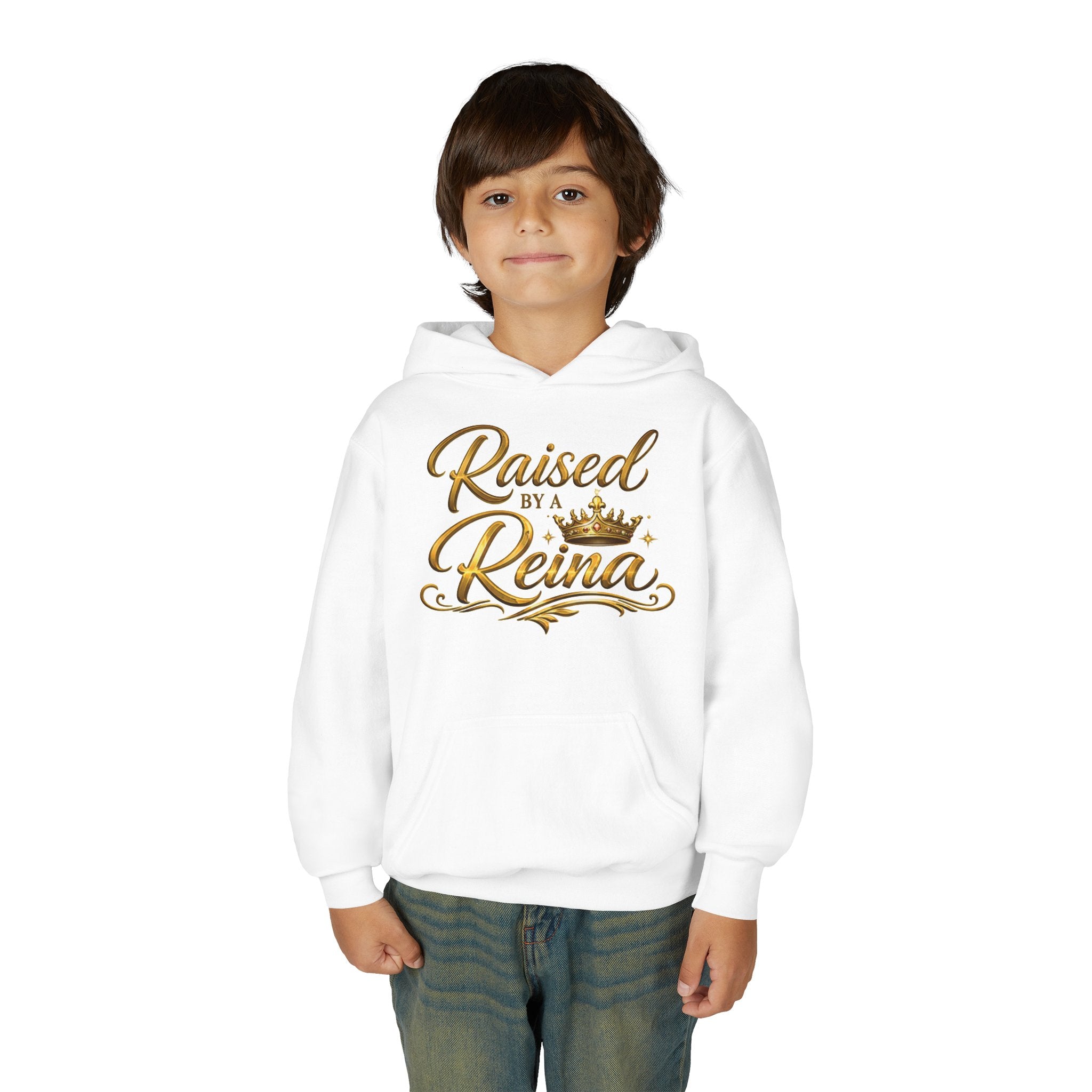 Youth Hoodie — "Raised by a Reina" Gold Script Kids Sweatshirt